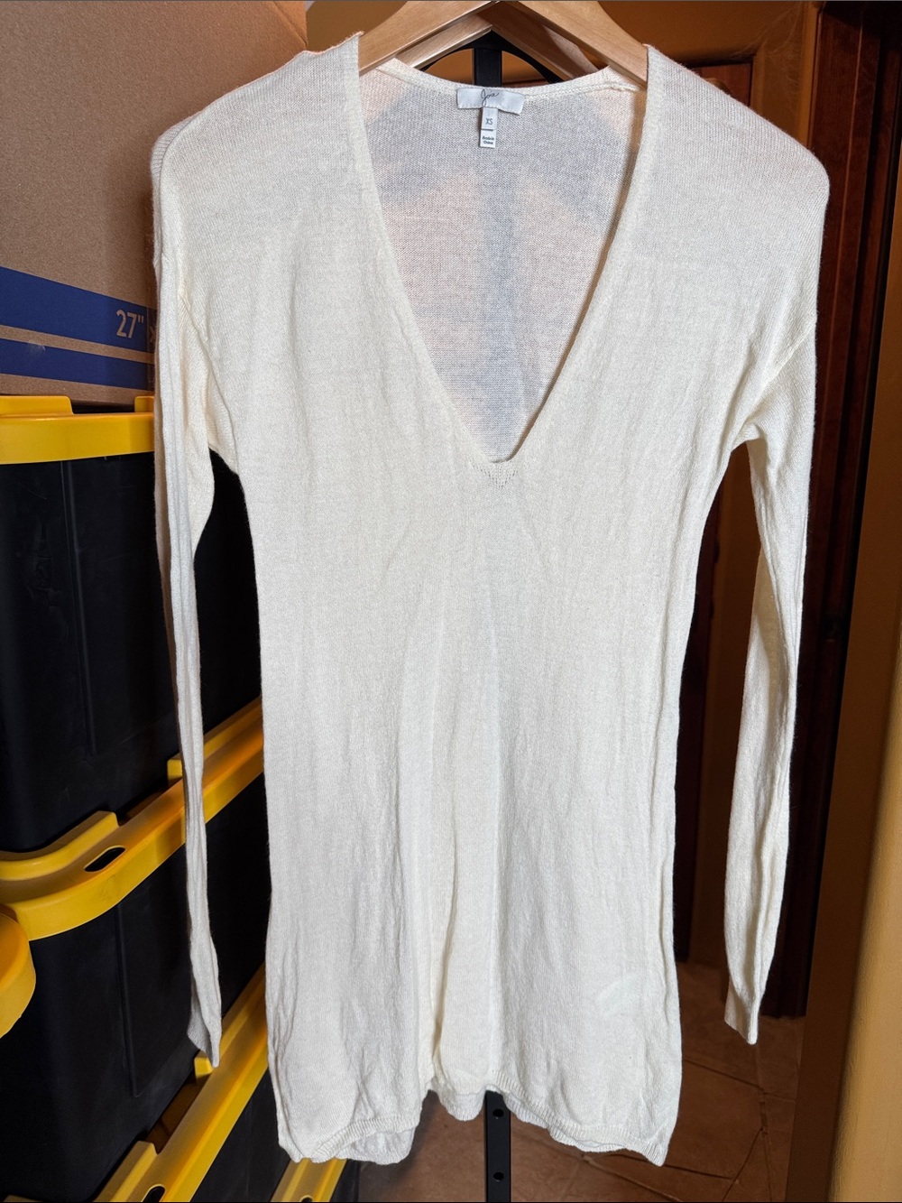 Joie 100% Cashmere Ivory Deep V Neck Mini Sweater Dress XS - Picture 2 of 8